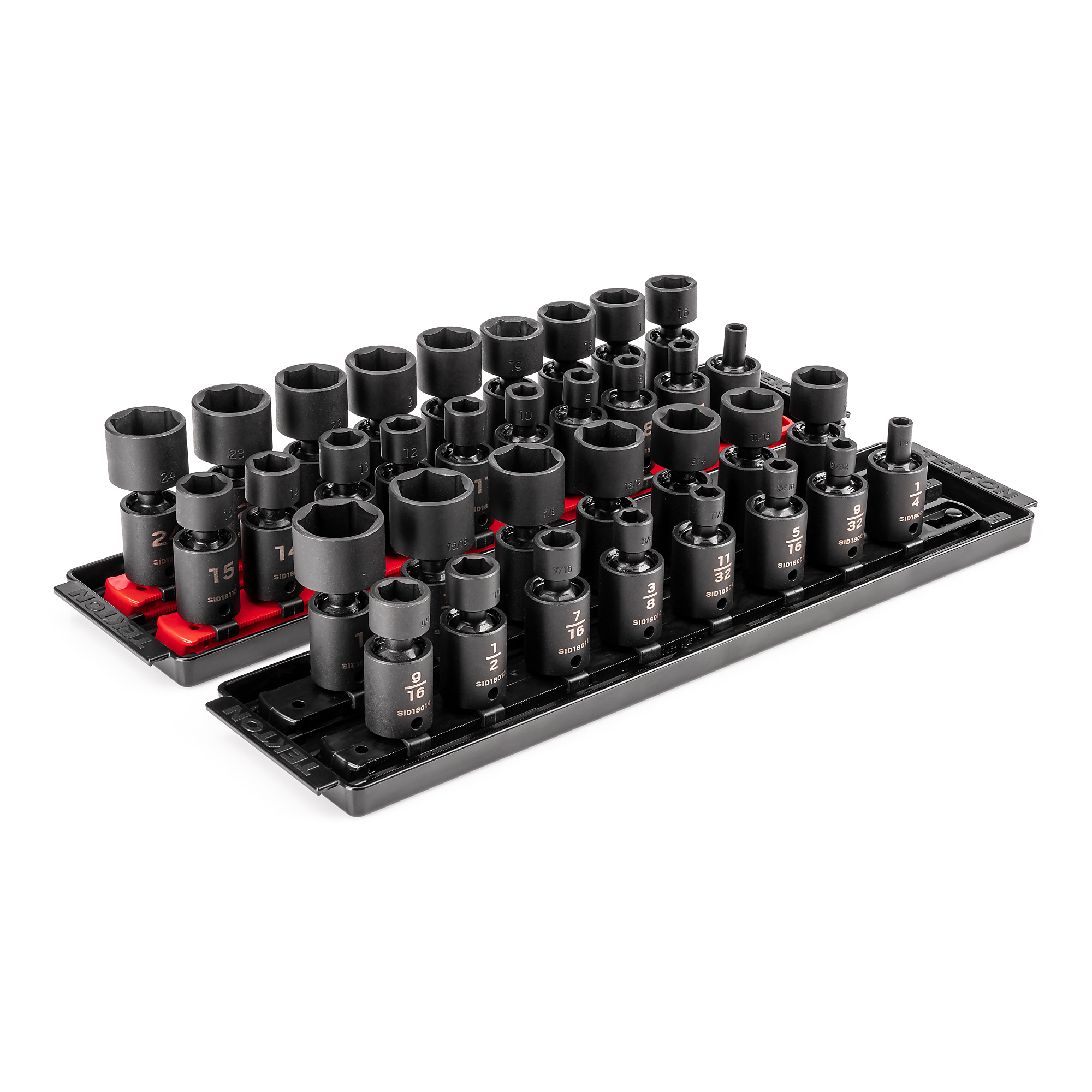 TEKTON 3/8 Inch Drive Shallow 6-Point Universal Joint Impact Socket Set with Rails and Trays, 34-Piece (1/4 - 1 in., 6 - 24 mm) | SID97201
